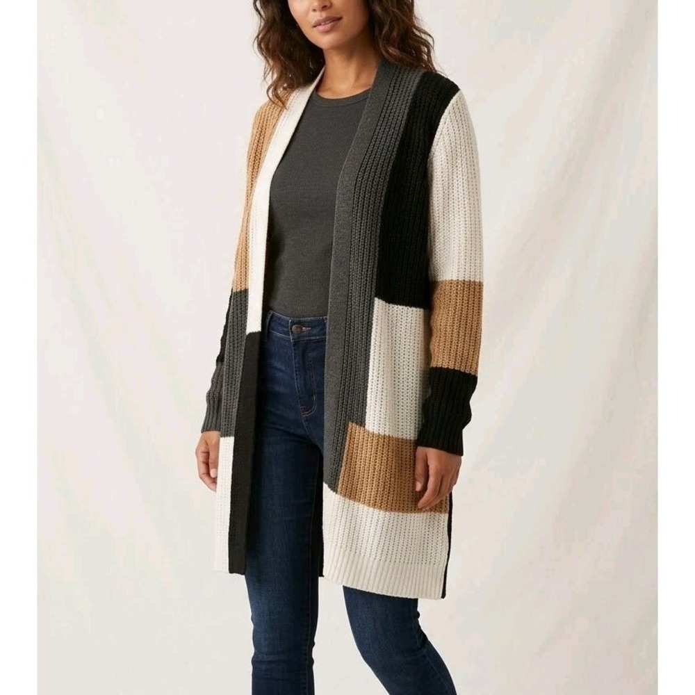 Fortune + Ivy Longline Cardigan L Color Block Open Front Chunky Knit Duster